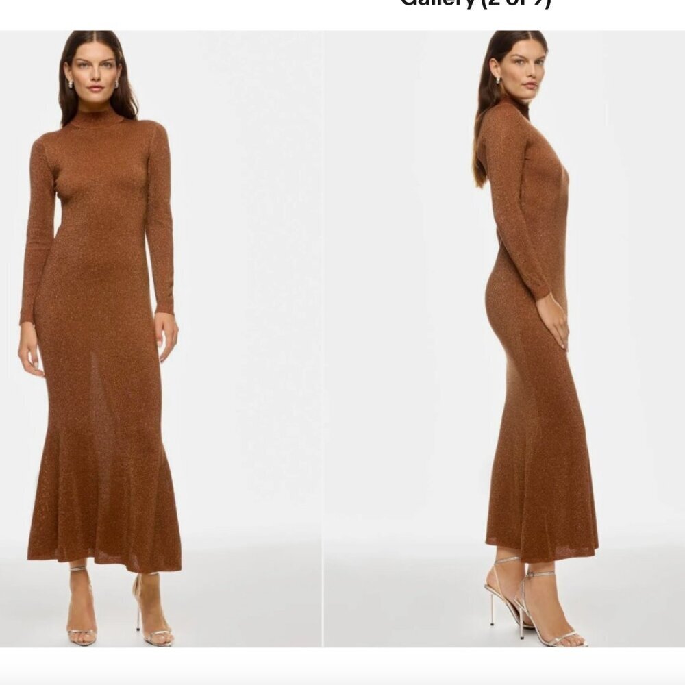 Ronny Kobo Dress Sheer Metallic Long-Sleeve Mock Neck Bronze Size XS *READ FLAW*